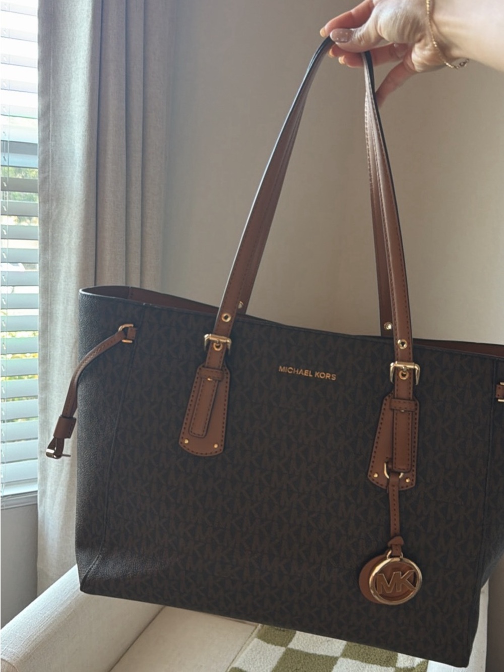 Michael Kors Dark Brown Monogram Tote with Tan Trim